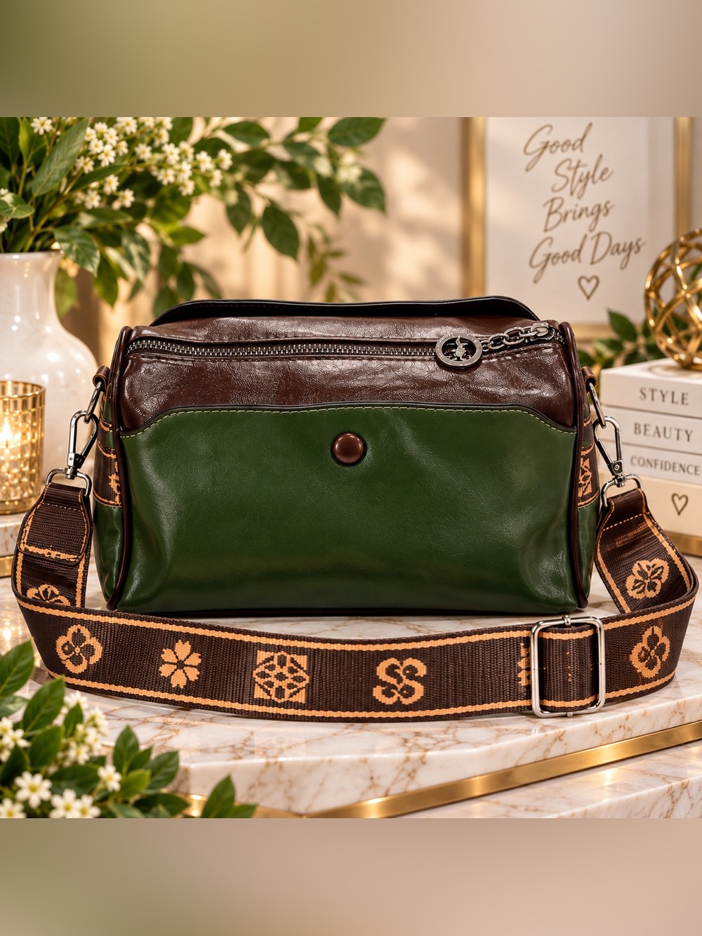 Women's Green and Brown Leather Crossbody Bag with Patterned Strap